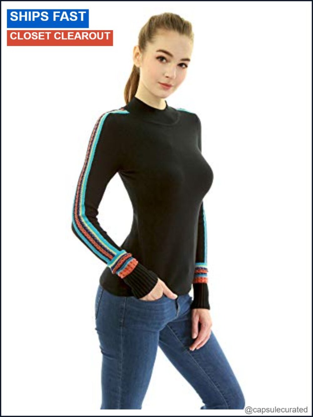 Women Mock Neck Fair Isle Trim Long Sleeve Pullover Knit Sweater